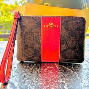 Coach Red and Brown Wristlet Clutch